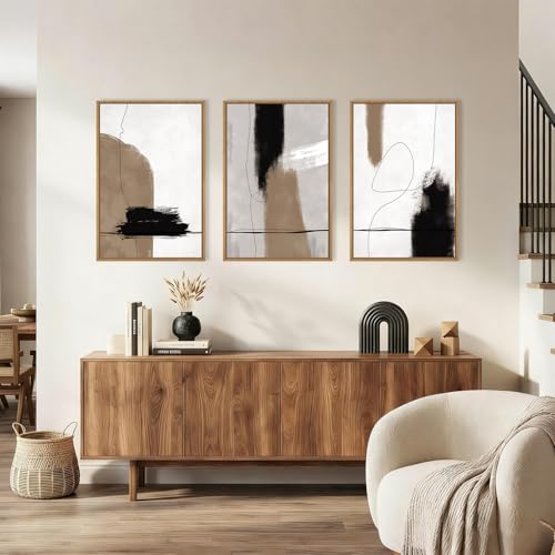 KAIRNE Abstract Neutral Black Brown Framed Canvas Wall Art Set-16"x24"x3 - color: Abstract Wall Art, size: 16"L x 24"W
