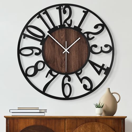 Maxstar Round Wall Clock for Living Room Decor Battery Operated Non Ticking Silent Vintage Black Metal Wood Clocks for Home Living Room Garden Farmhouse Office Kitchen Decoration -13 inch - color: Black-arabic Numerals, size: 13 Inch