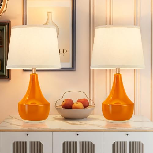 GyroVu 18" Table Lamp Set of 2, Ceramic Lamp Classic Beside Lamps Nightstand Lamp Modern Table Lamp for Living Room, Bedroom & Office Rocker Switch Orange-LED Bulbs Included - color: 18.63" Orange
