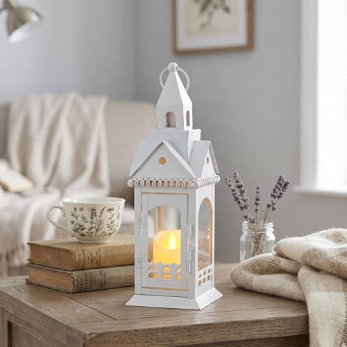 TRIROCKS Rustic Style Metal Candle Lantern 13'' High Decorative Outdoor Lantern Candle Holder with Tempered Glass House Shape for Home Living Room Garden Patio Parties Indoors Outdoors (White) - color: White, size: 13''H