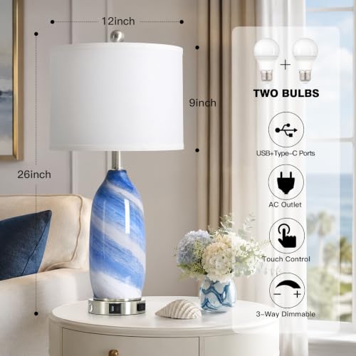 Rinweey 26" Grey-Blue Glass Table Lamps Set of 2,Coastal Lamps Nautical lamp with USB A+C Ports & AC Outlet,Bedside Lamps with 3-Way Dimmable-Night Light for Bedroom Living Room,Grey-Blue - color: Grey-Blue