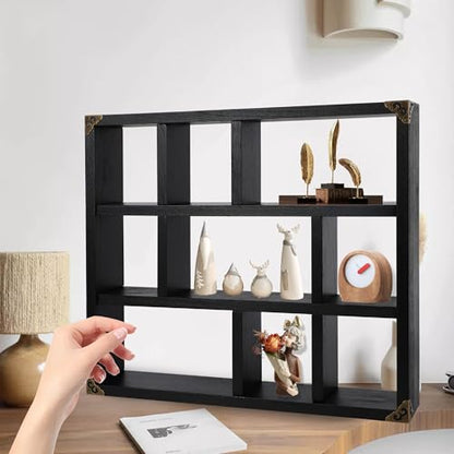 17.7x15.7-Inch Shadow Box Shelf 9-Slot Rustic Floating Shelves Larger Wall Mounted Shelf Lightweight Solid Wood Display Freestanding Farmhouse Shelf (Set of 2,9C-Classic Black) - color: 9c-classic Black, size: 2 PCS