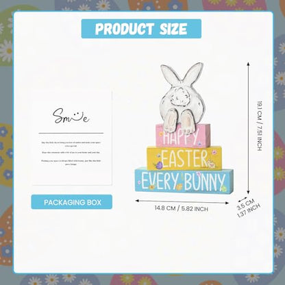 Smile Happy Easter Every Bunny Wooden Block Stack Decor, 3-Tiered Pastel Blocks with Bunny Silhouette for Spring & Easter Tabletop Display