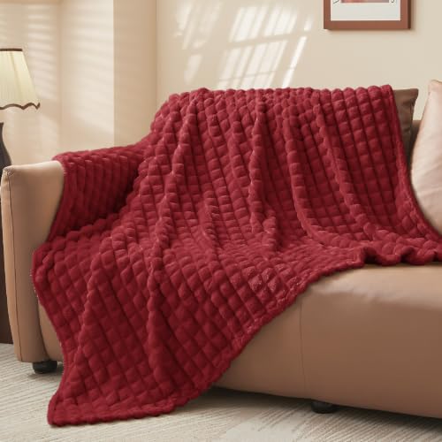 BEDELITE 3D Checked Burgundy Fleece Throw Blanket for Couch, 50x60 Inches - color: Burgundy, size: Throw(50"x60")