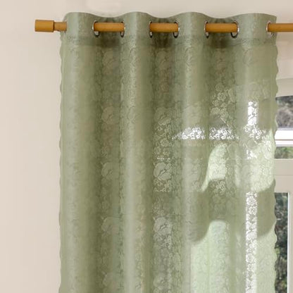 Boho Floral Lace Sheer Curtains, 52x63 Sage Green, Grommet Panels - color: Green, size: 52"W x 63"L (Pack of 2)