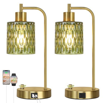 Table Lamps Set of 2, Green Glass Dimmable Bedside Lamps for Living Room - color: Gold&Green-3
