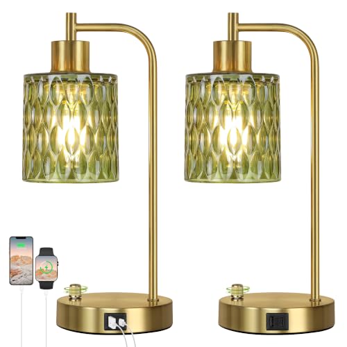 Table Lamps Set of 2, Green Glass Dimmable Bedside Lamps for Living Room - color: Gold&Green-3