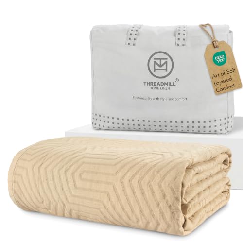 Threadmill Luxury Cotton Blankets for Queen Size Bed | All-Season 100% Cotton Queen Size Blanket | Aster Jacquard Cozy Lightweight, Soft Breathable Coverlet fits Full Size Bed, 90x92 | Beige - color: Aster Beige, size: Queen / Full