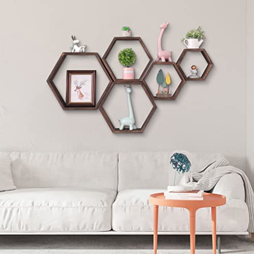 WONFUlity Hexagon Floating Shelves, Hexagonal Shelf Wall Mounted Storage - color: Brown, size: 5PC