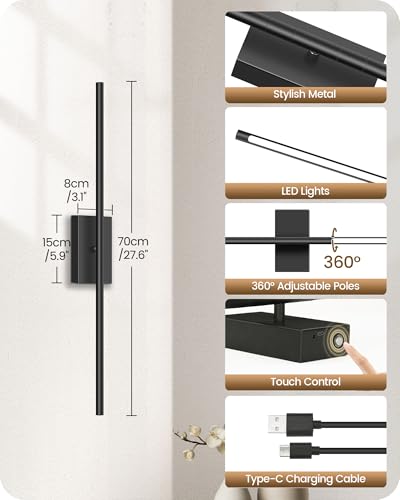 27.6" Wireless Wall Sconces Battery Operated Set of 2, Rechargeable Lamps with Remote, 360° Rotation, 10000mAh, Touch Dimmable Lights for Bedroom, Living Room, Hallway, Black B06YBP205 - color: Black, size: 27.6 Inches