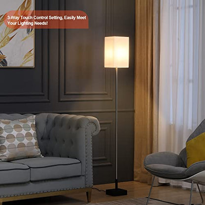 Modern Floor Lamp for Living Room, Tall Black Floor Lamp with Square Linen Shade, Pull Chain Switch and Stable Metal Base, Standing Lamp for Bedroom, Reading Nook and Office, Bulb Included