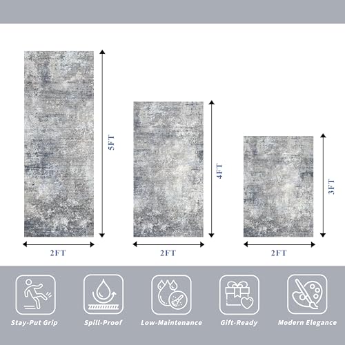 Kitchen Rug Set 3 Piece – Washable Non Slip Runner and Mat Set for Floor Entryway Bathroom Hallway – Soft Low Pile Modern Abstract Neutral Small Rugs (Blue Grey,2x3+2x4+2x5) - color: Blue Gray, size: 2x3+2x4+2x5
