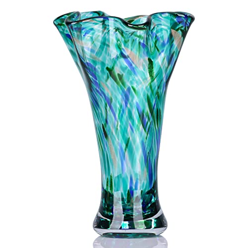 LCCCK 9.0" H Teal Glass Vases for Flower, Unique Hand Blown Glass Vase - color: Teal