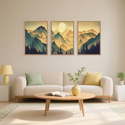 Mountains Forests Framed Canvas Wall Art Set, Abstract Woodland Painting, Boho Scenery Sun Wall Decor, Natural Woodgrain Art Print for Living Room, Bedroom, Dining Room, Office - 24"x36"x3 - color: Boho Scenery Wall Art, size: 24"L x 36"W
