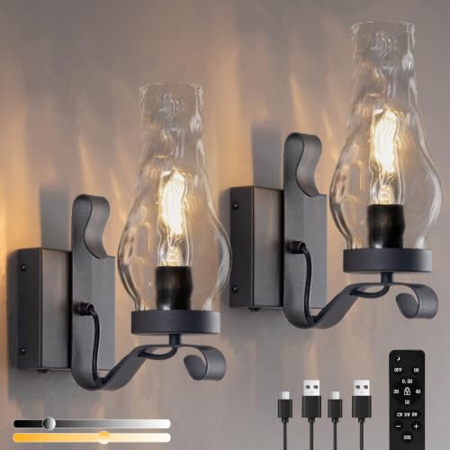 Vintage Battery Operated Wall Sconces Set of 2, Rustic Wall Lights - color: Water Ripple Black