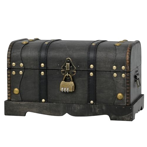 Vintage Wooden Treasure Chest Decorative Box with Lock,12", Black - color: Black, size: 12.2" x 7.1" x 7.1"
