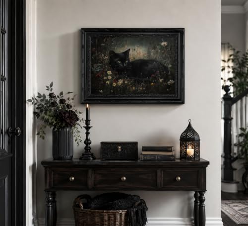 Framed Vintage Black Cat Wall Art,Gothic Cat Painting, Dark Academia Canvas Poster Prints,Moody Wildflower Animal Picture Wall Decor for Living Room Bedroom 11x9in - color: Black cat, size: 11"L x 9"W