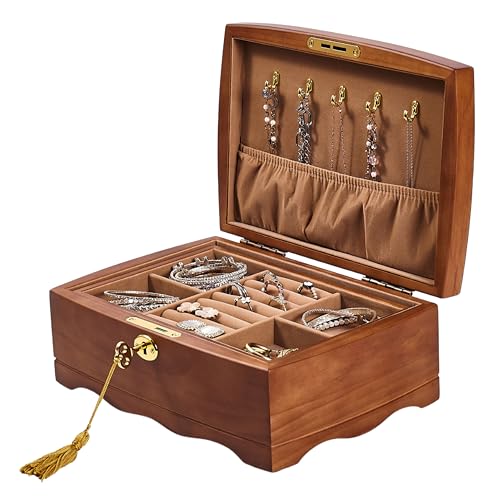 Wooden Jewelry Box with Lock and Key, Medium Size Case with Tray | Real Natural Wood, Lockable, Antique Style Organizer with Large Storage, Big Ring Compartments, Necklace Hooks, Brown