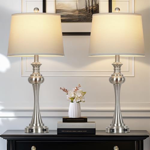 Cinyirong 28.75" Silver Table Lamps for Living Room,Touch Lamps for Bedrooms Set of 2 - Nightstand Table Lamp with USB C+A, 3 Way Dimmable Bedside Lamps End Tables Brushed Nickel - color: Silver table lamp