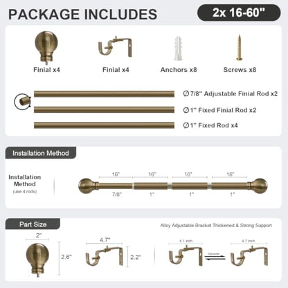 2 Pack Antique Bronze Curtain Rods 16-60 Inch Heavy Duty 1 Inch - color: Bronze, size: 16"-60"|2Pack