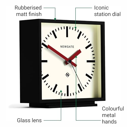 NEWGATE® Amp Desk Clock | Square Station Clock Design | Black case with red Hands | Modern Style for Desk, Table top, Mantel, Shelf or Bedside - color: Matt Black Case With Cream Dial (Red)