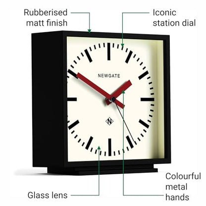 NEWGATE® Amp Desk Clock | Square Station Clock Design | Black case with red Hands | Modern Style for Desk, Table top, Mantel, Shelf or Bedside - color: Matt Black Case With Cream Dial (Red)