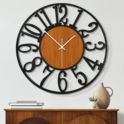 Maxstar Round Wall Clock for Living Room Decor Battery Operated Non Ticking Black Metal Wood Clocks for Home Living Room Garden Office Kitchen Decoration -16 inch - color: Brown-arabic Numerals, size: 16 Inch
