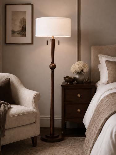 MOFFE Solid Wood Floor Lamp for Living Room,Pull Chains Standing Lamp - color: Espresso Walnut