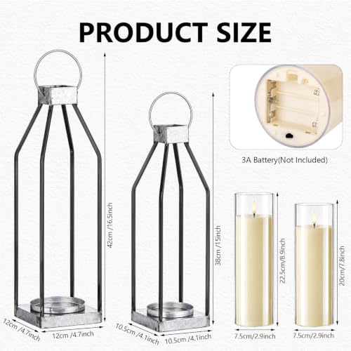 Gerrii 2 Pcs 15"&16.5" Farmhouse Rustic Lanterns Decorative with LED Candle Set Galvanized Metal, Handcrafted Candle Holders, Outdoor Indoor Porch Fireplace Mantel Table Festive Gatherings Decor