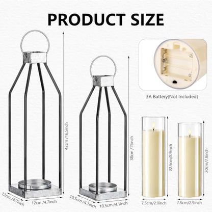Gerrii 2 Pcs 15"&16.5" Farmhouse Rustic Lanterns Decorative with LED Candle Set Galvanized Metal, Handcrafted Candle Holders, Outdoor Indoor Porch Fireplace Mantel Table Festive Gatherings Decor