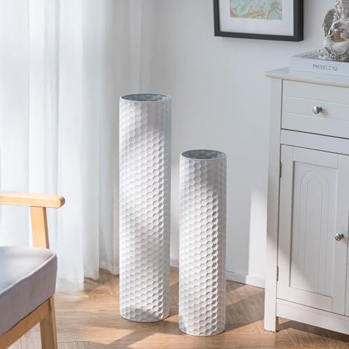 Sziqiqi White Tall Vases for Floor, Metal Cylinder Flower Holder, 2Pcs - color: White