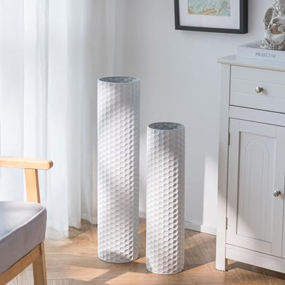 Sziqiqi White Tall Vases for Floor, Metal Cylinder Flower Holder, 2Pcs - color: White