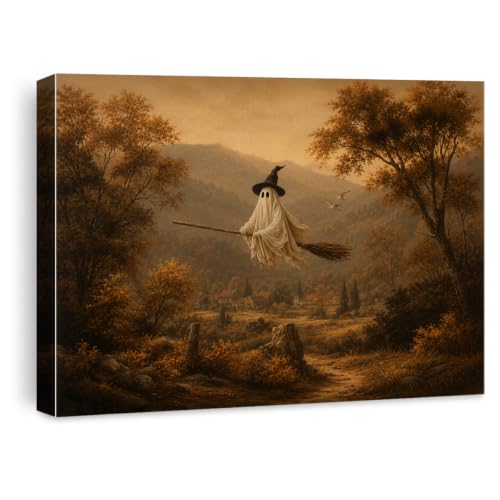 Halloween Wall Art Decor, Ghost Witch Broom Canvas Print Framed 8x10 Inch - color: I