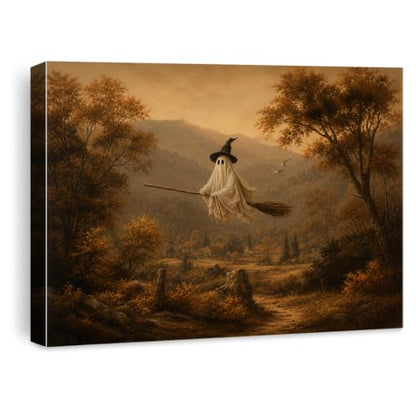Halloween Wall Art Decor, Ghost Witch Broom Canvas Print Framed 8x10 Inch - color: I
