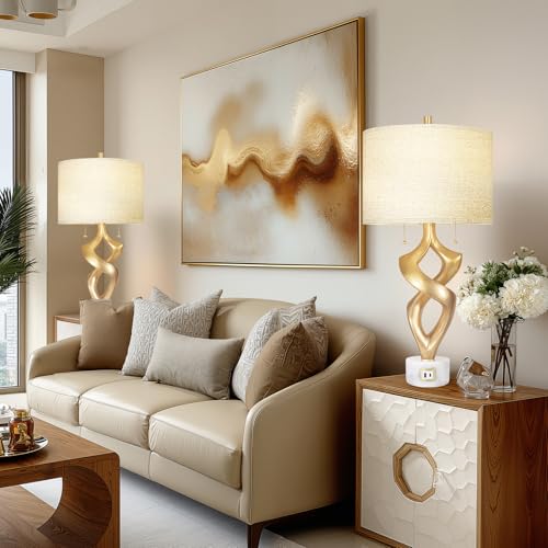 Scenekoy 31” Tall Sculptural Table Lamp Set of 2 with USB Ports for Bedroom - size: 31 inches Gold Leaf -028-SL