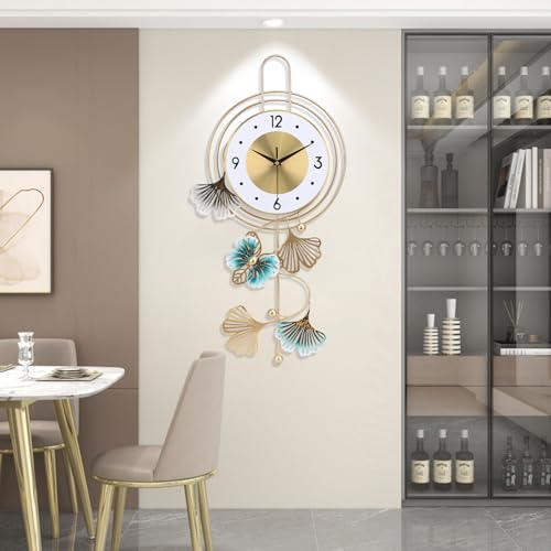 Large Wall Clock for Living Room, Round dial with Golden Green Leaves and Butterfly, Modern Silent Non-ticking Metal Wall Clocks for Kitchen Bedroom Study Office, 12.5x25.5inch (Gold Butterfly&Leaves) - color: White Leaf