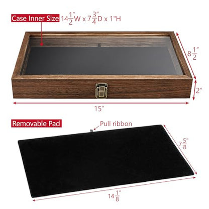 MOOCA Wood Jewelry Display Case with Tempered Glass Top, Black Velvet Pad - color: 1) Brown