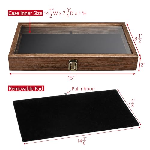 MOOCA Wood Jewelry Display Case with Tempered Glass Top, Black Velvet Pad - color: 1) Brown