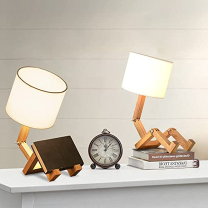Robot Desk Lamp Set of 2, Creative Bedside Lamp for Bedroom,Wooden Lamp Body Adjustable,DIY E26 Living Room Table Lamps with Fabric Shade,Modern Indoor Decorative Lighting, TB-QBT005-WHM2 - style: Style(Two set)