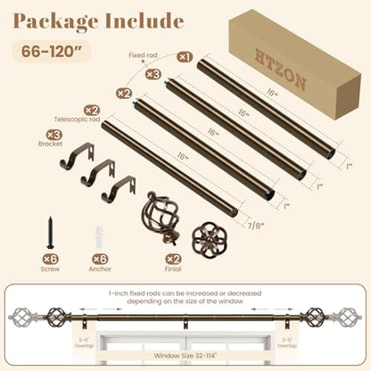 1" Farmhouse Heavy Duty Curtain Rods for Window,Adjust 66-120",Bronze - color: Antique Bronze, size: 66-120 Inch & 1 Pack