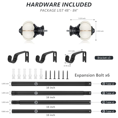 Ceramic Curtain Rods for Windows 48 to 84 Inch 1 Inch Adjustable - color: Black Beige, size: 48"-84"