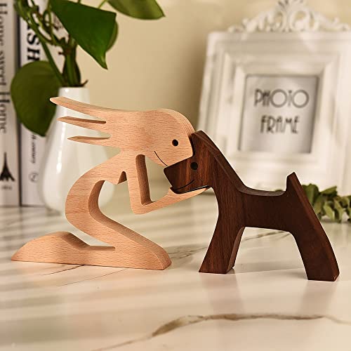 Unique Gift Hand Carved Wood Human Statue Figurine Sculpture Home Office Decor, Wooden Man Dog Carving Model to Remember Friendship Between Dog and People - color: B