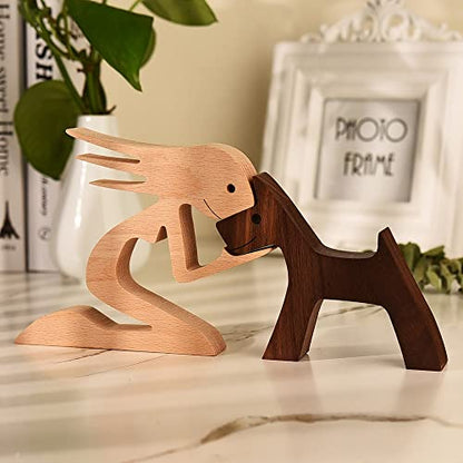 Unique Gift Hand Carved Wood Human Statue Figurine Sculpture Home Office Decor, Wooden Man Dog Carving Model to Remember Friendship Between Dog and People - color: B