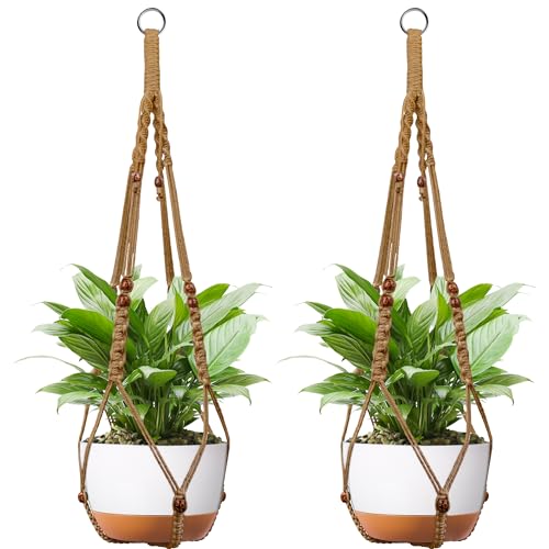 Macrame Plant Hanger - Fits 6-15 Inch Pots, Set of 2, Brown - color: 43+43 Inch Brown