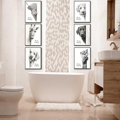 Funny Bathroom Wall Art Set of 6 Black and White Bathroom Posters Unframed - color: Animal Prints