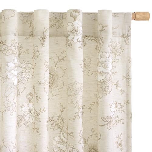 LAMIT Taupe Floral Linen Light Filtering Curtains 63 inch Length - color: Taupe on Beige, size: 52"W x 63"L (Pack of 2)