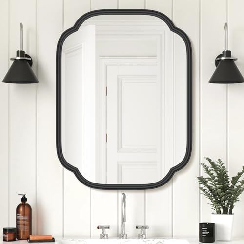 Ferytange Black Bathroom Mirror for Wall, 18" x 24" Rectangular Wall Mirror for Bathroom Metal Frame Farmhouse Rounded Corner Wall Mirror (Horizontal/Vertical) - color: Black, size: 24"L x 18"W
