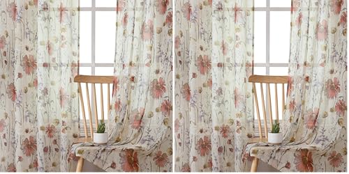 OWENIE Crushed Sheer Curtains 84 Inch Length 2 Panels Set, Sheer Floral Curtains Printed Drapes on Sheers for Living Room, Rod Pocket Light Filtering Window Sheers (2 Panels, 42" x 84") (Pack of 2) - size: 42"W x 84"L (Pack of 4)