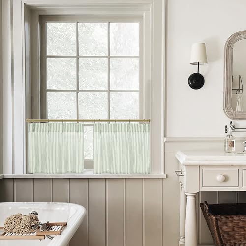 Lino Rosa Sage Green Kitchen Curtains Small 18 Inch Length Sheer Pinch Pleated Curtains with Hooks for Bathroom Window - color: Sage Green, size: 24"W x 18"L (Pack of 2)