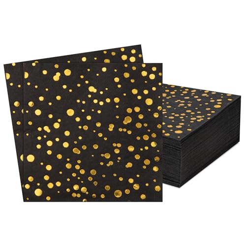 80 Pack of Black Paper Cocktail Napkins with Gold Foil Polka Dot Confetti，Polka Dot Party Supplies(5 x 5 in，3-ply) (Gold Black Pot) - style: Small Black Gold Dot
